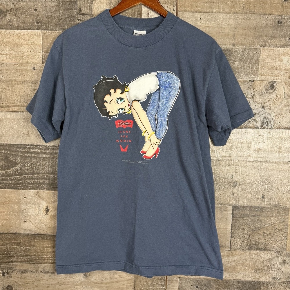 Vtg 1997 Betty Boop Jeans For Women Graphic T Shirt‎ Single Stitch USA L Blue